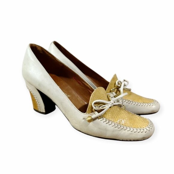 Vintage Rosina Ferragamo Schiavone Heeled Loafer Pumps,  Size 5.5, White Yellow - Picture 5 of 10